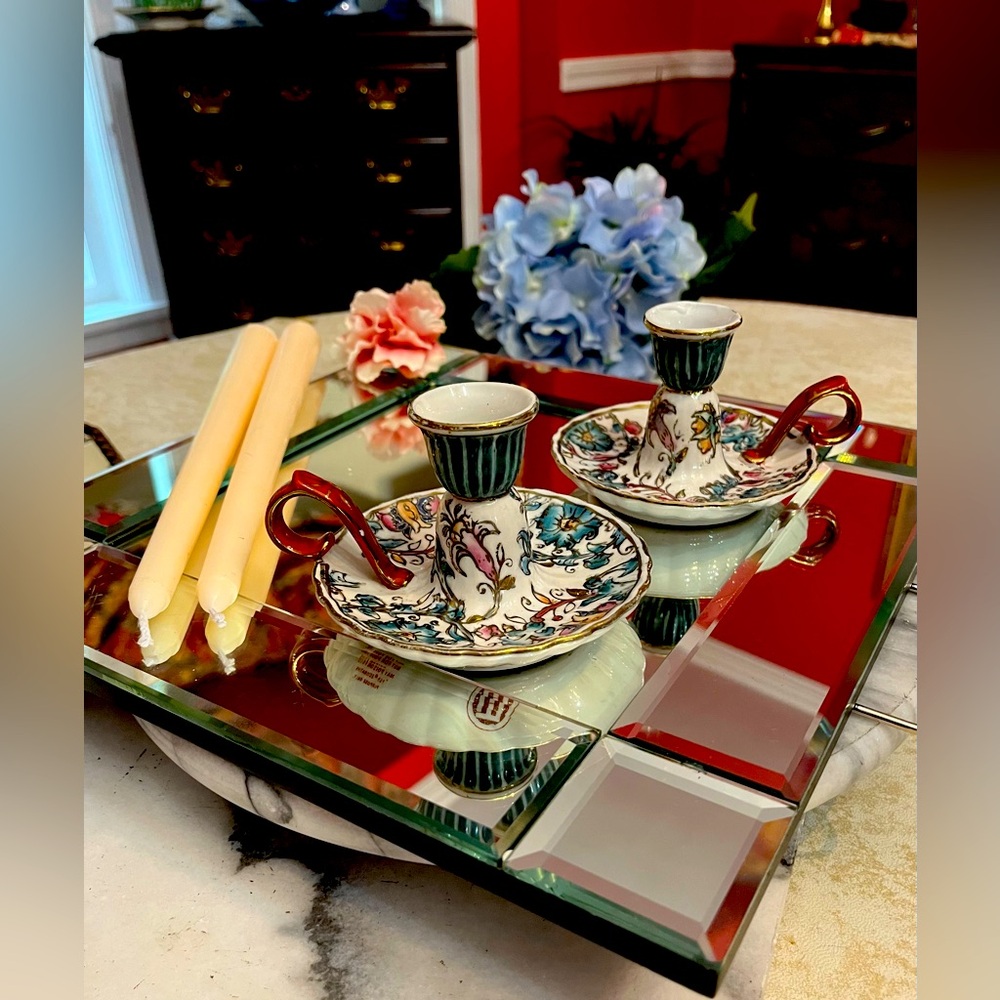 FENDI Rare Pair Porcelain Chamberstick CandleHolders w Floral Design Gold Rim